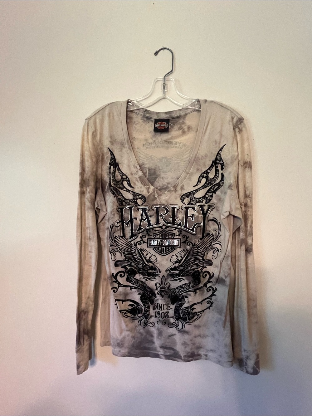 Harley-Davidson Beige Tie-Dye V-Neck Long Sleeve Top with Black Graphic